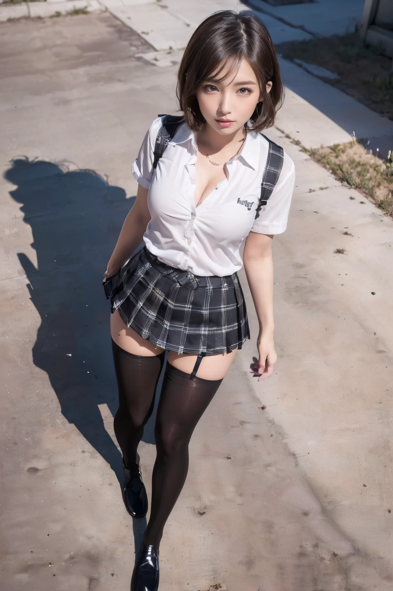 (nudity, explicit, :1.1) ((masterpiece,best quality, detailed)), 1girl, solo, outdoors, street, fighting stance, smile, open mouth, day, full body, standing, looking at viewer,
 plaid skirt, white socks, loafers, red bow, ((no shirt shoeing breasts)), earrings,