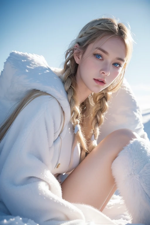 (Practical:1.2), analog photography style, Scandinavian female warrior, Fantastic snowscape, gold braided hair, whole body, Soft natural light, Cute and sexy, pleasure, Delicate face and blue eyes, Good quality, masterpiece, Detailed northern background, quality: 16K, original photo