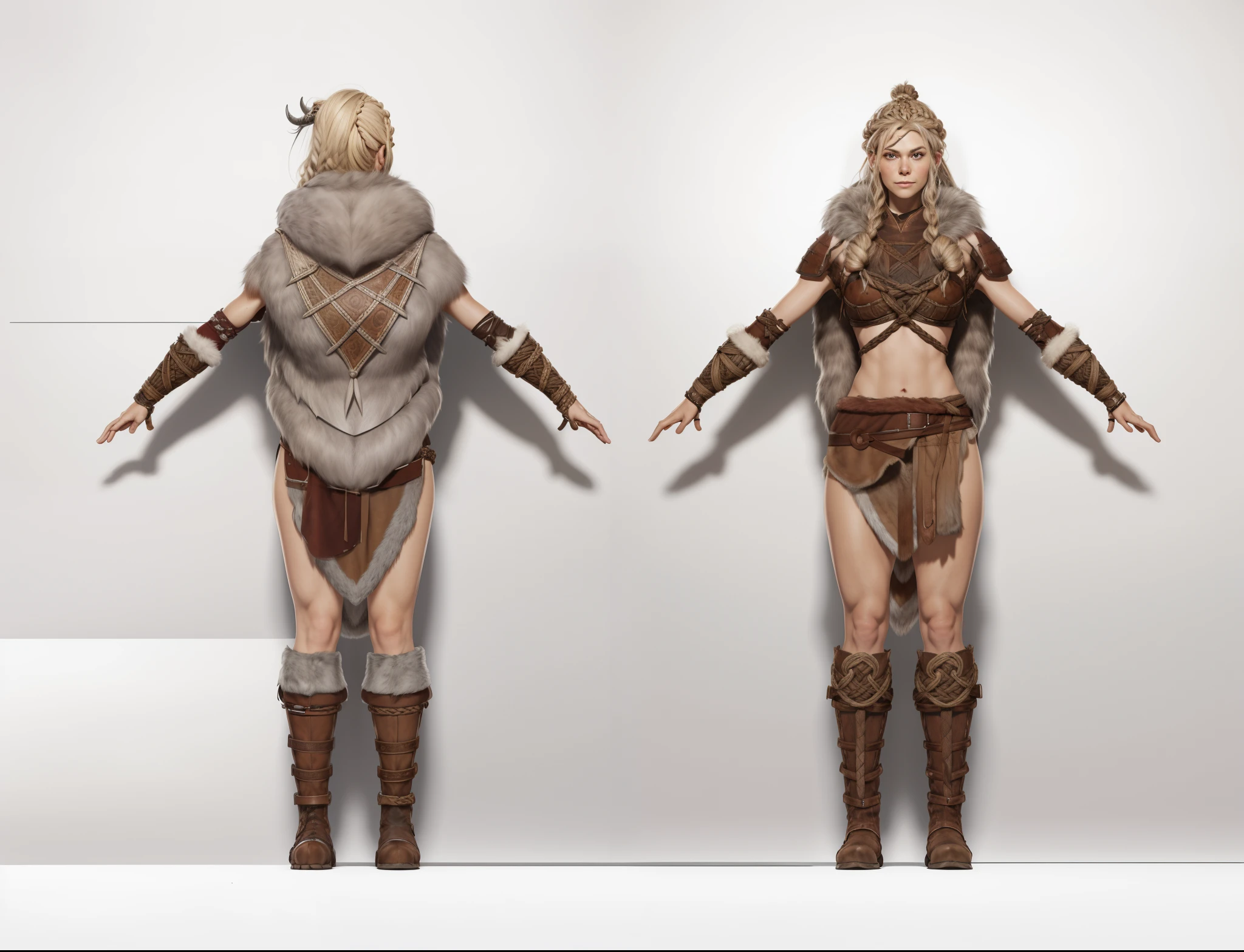 ( Realistic:1.33),(masterpiece:1.1),(highest quality:1.1),(HDR:1) a close up of a Viking woman warrior wearing armor and fur coat , full body concept, detailed full body concept, Young Viking female with a long braid, Viking style, Teenage Viking protective maiden, Portrait of a Viking, Viking warrior, Viking culture, Nordic warrior, Viking costume, Ancient Viking warrior, Elven blond warrior, Epic Viking Queen , wearing Viking clothing, Female Viking, with Machado, Nordic inspiration, Viking and Templar aesthetics, full body character concept,costume concept design, full body details, detailed full body concept art, full character body, character model sheet turnaround, fullbody shot turnaround, concept character sheet, full body concept art, reference model sheet , full body concept art, RPG style character, game character design, 3d character reference sheet, video game character concept, detailed character design, character sheet, character model sheet turnaround , front and back, front and back, grey clean background, 3D character, leather belt with leather knife bag, red loincloths, leather armband, leather boots with fur, leather bikini with black fur coat, red hem with fur. [ show skin breast mound ], [ show abdomen ] no cloth at abdomen. breast skin, human skin, human skin, human breast skin, human skin.(viking warrior), ((barbarian)),(((wide shoulder)),(((bulge tight))), net on fur cloth behind, ((Nordic knot))