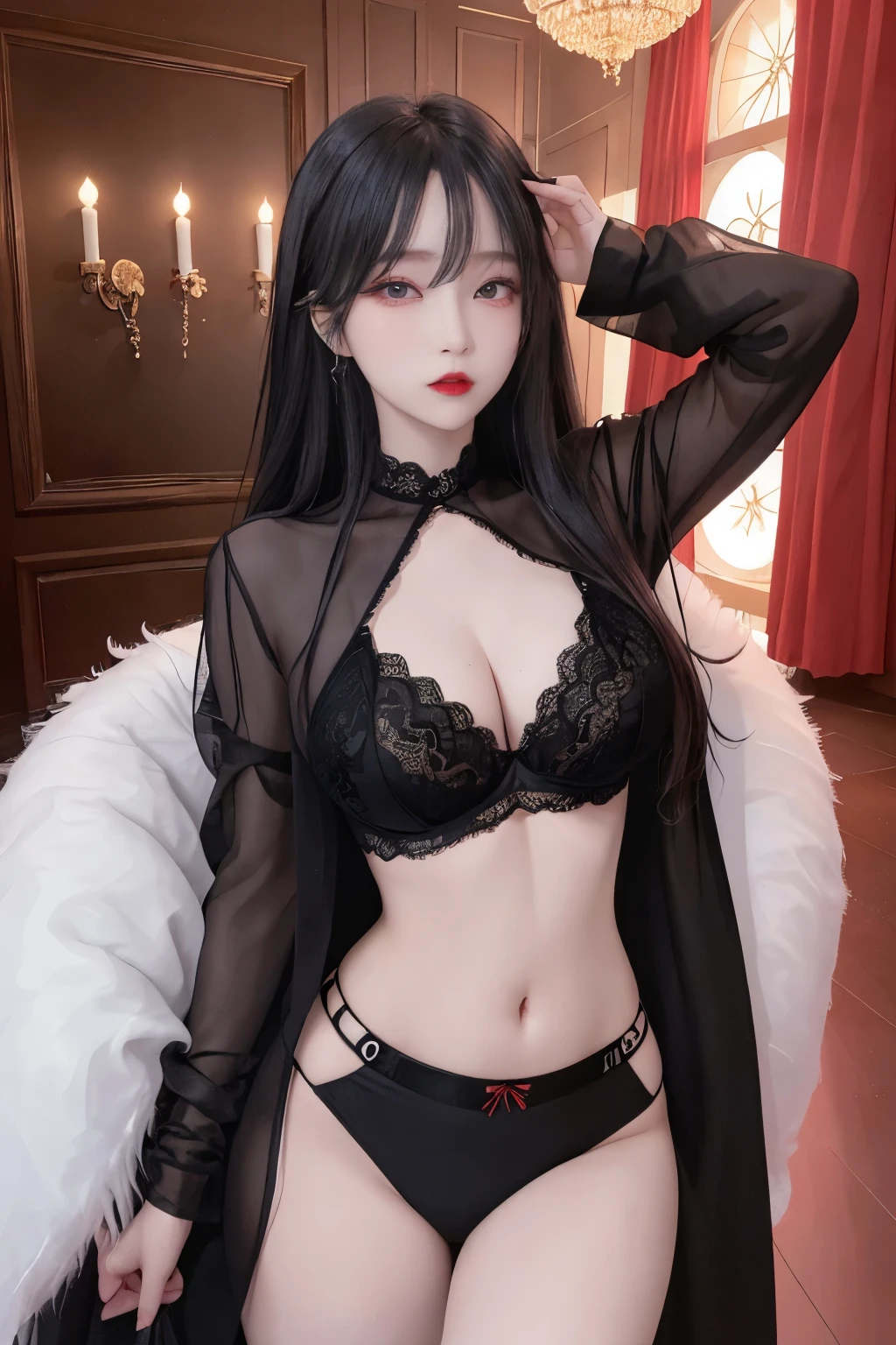 Top image quality、Raw photography、A high resolution、20-year-old cool Korean、big round chest、thin red silk coat、black lace underwear、Beautiful Eyes of Details、very elongated eyes、Beautiful eyelashes、Beautiful double eyelids、eyeshadows、耳Nipple Ring, wearing super tight mini boxers, standing,