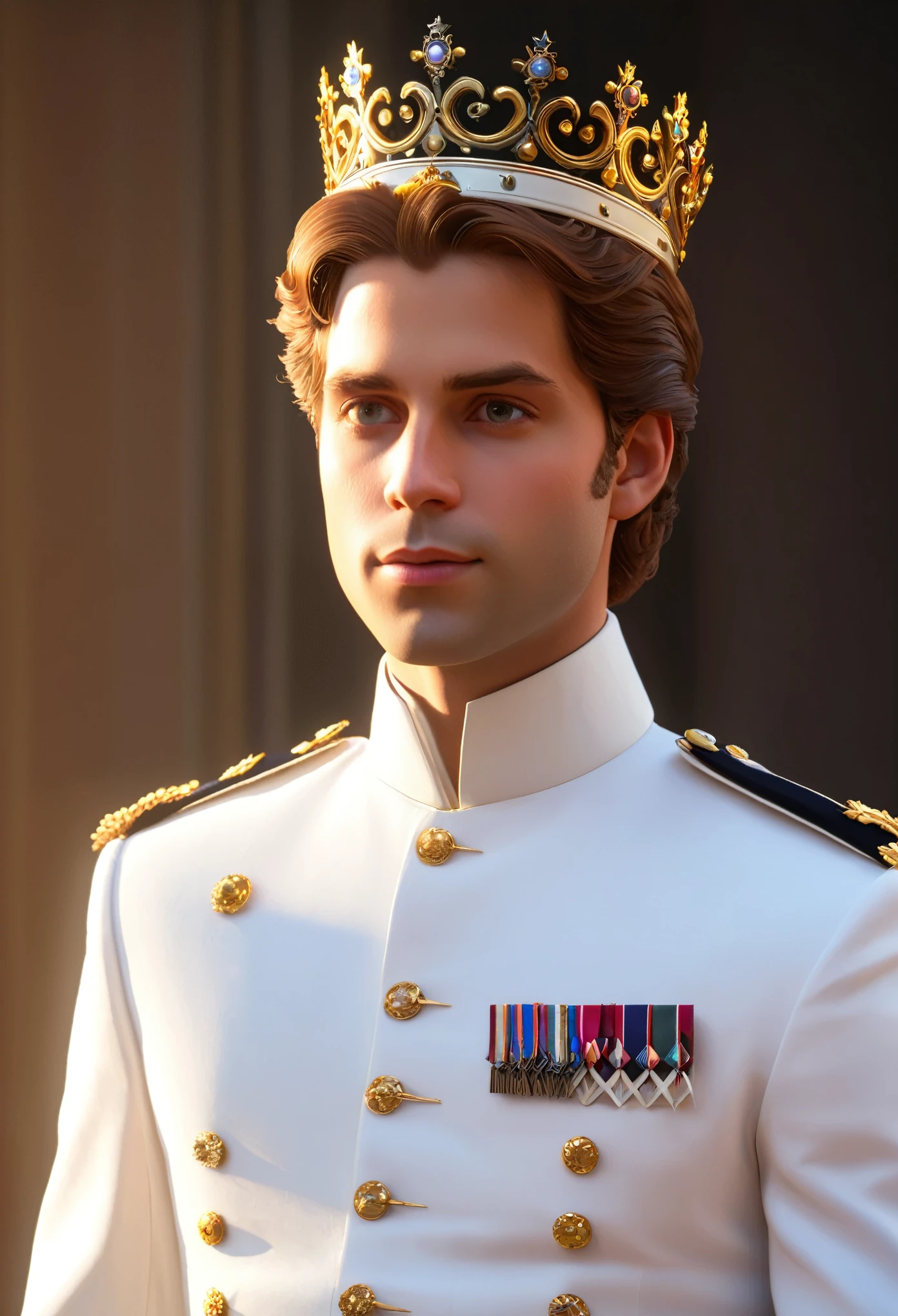 masterpiece, best quality, high quality, high definition, high quality texture, high quality shadow, high detail, beautiful detailed, fine detailed, extremely detailed cg, detailed texture, a realistic representation of the face, realistic, colorful , delicate, cinematic light, side light, Lens Flare, Ray Tracing,tailed beautiful delicate face, detailed beautiful delicate eyes, Prince with crown, princess with crown, duke and duchess, side pose, white gown, uniform, 