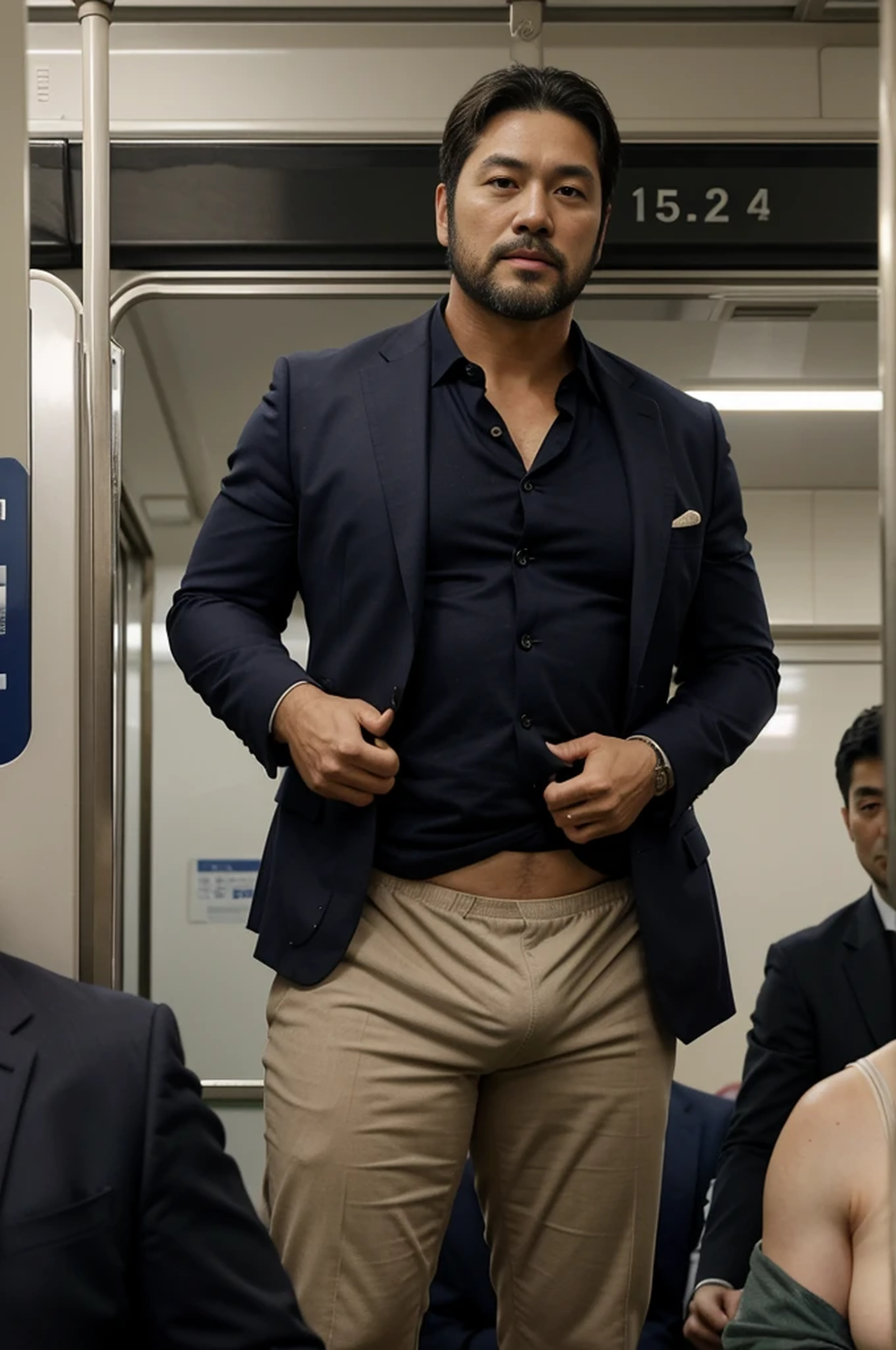 A stocky Japanese man in his 40s, a former rugby player with a short beard and a suit, standing in his underwear on a crowded train
