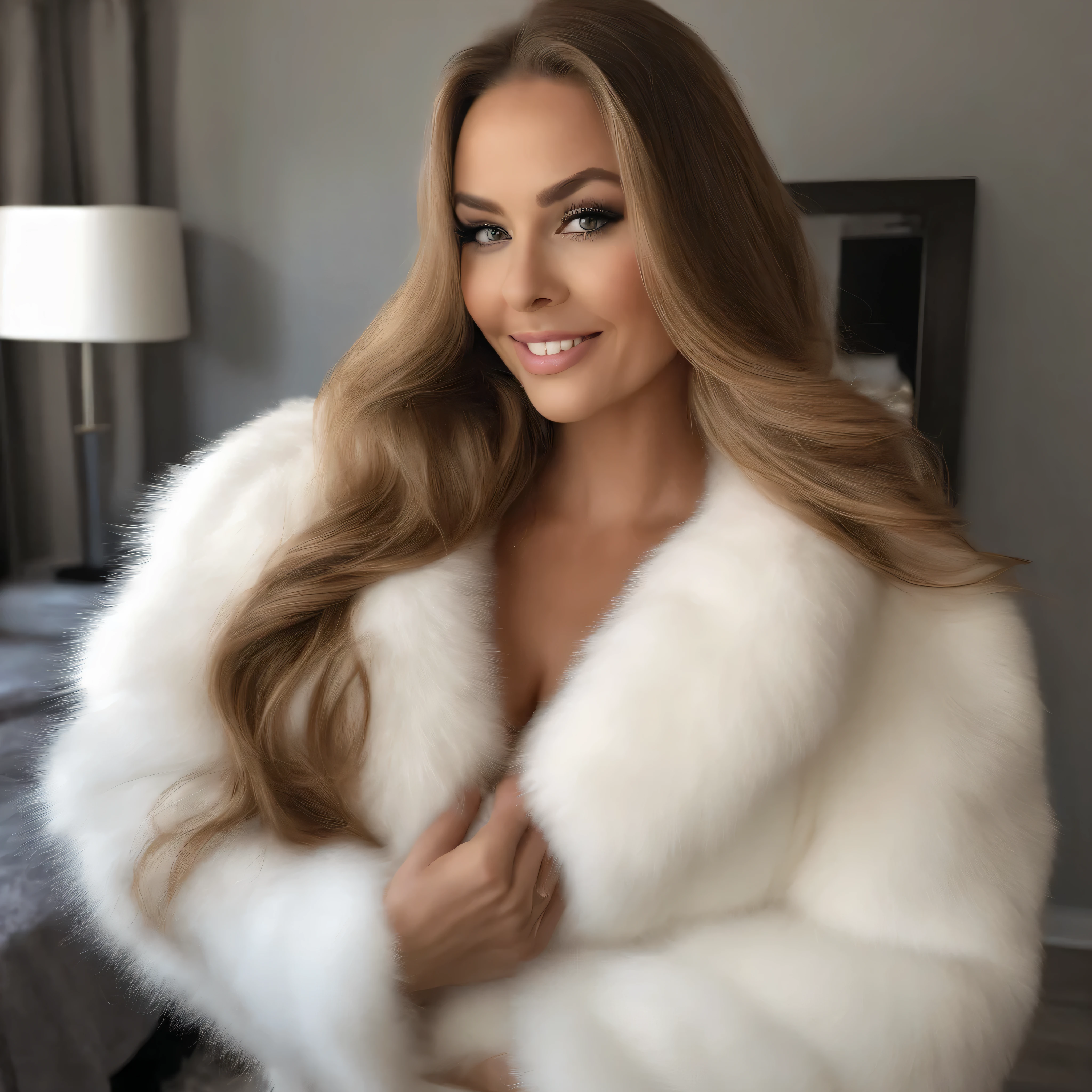 femme 42 ans, MILF , Fille sexy aux yeux bleus, ultra realistic, Meticulously detailed, Portrait de Sophie Mudd, cheveux blonds et grands yeux, selfie d'une jeune femme, Yeux de chambre, Violette Myers, sans maquillage, Maquillage naturel, regarder directement la caméra, mec avec artgram, maquillage subtil, covered in a voluminous white mink fur coat with a very thick white fluffy collar, Superbe photo de tout le corps, Nature, sunlight, souriant, buste sexy de grande taille