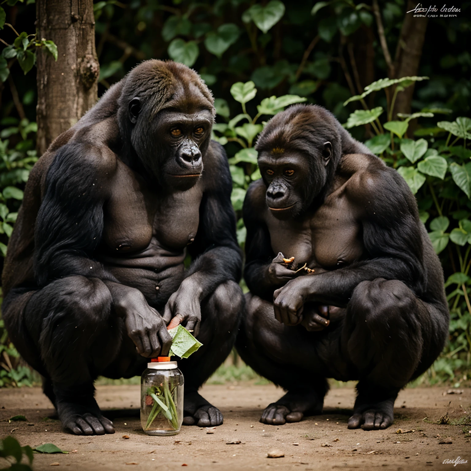 Two adult gorillas picking insects of baby gorilla
