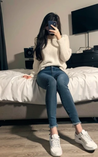 ((best quality, 8K, masterpiece: 1.3)), sharp, enlargement, perfect body beauty, slim 허벅지, slim, ((black wavy hair)), (long sleeve top, Jeans and shorts, running shoes), (lying in bed), (Music Studio), 매우 detailed 피부 감, detailed, double eyelid, Headset on the neck,Holding a cell phone in his hand,Still covering his face,big bust,The color of the cell phone is white and the camera of the cell phone is an iPhone.,