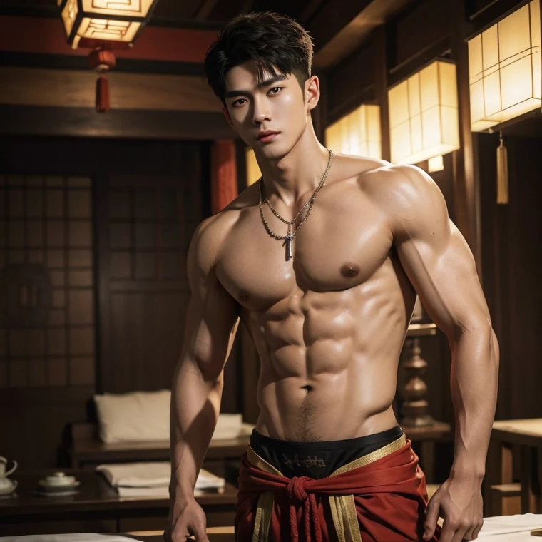 Alafard man shirtless  and white brief carrying a backpack, Full body shoots, muscular body, big chest and,  show of the abs,  detailed abs,  sexy posture,  super handsome,  manly,  inspirite by Zhang Han, Cai Xukun, Kim Do-young, Inspired by Bian Shoumin, Inspired by Xiao Yuncong, yihao ren, yanjun cheng, jinyiwei, inspired by Huang Gongwang, xintong chen, Jacket, wearing japanese loincloth,nice bare butts, Tattoo chest,  tattoo hands,  tattoo arms,  tattoo belly, mess curly fluffy styling hair,  detailed hair,  cool pendent, clear studio light, night ancient chinese haven background,  detailed background, fantasy Chinese themed, the best resolution, 8k, Ultra fullHD, look at the viewer,  catching eyes
