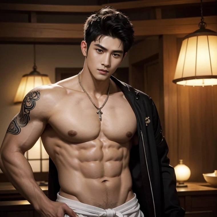 Alafard man shirtless and white brief carrying a backpack, Full body shoots, muscular body, big chest and, show of the abs, detailed abs, sexy posture, super handsome, manly, inspirite by Zhang Han, Cai Xukun, Kim Do-young, Inspired by Bian Shoumin, Inspired by Xiao Yuncong, yihao ren, yanjun cheng, jinyiwei, inspired by Huang Gongwang, xintong chen, Jacket, wearing japanese loincloth,nice bare butts, Tattoo chest, tattoo hands, tattoo arms, tattoo belly, mess curly fluffy styling hair, detailed hair, cool pendent, clear studio light, night ancient chinese haven background, detailed background, fantasy Chinese themed, the best resolution, 8k, Ultra fullHD, look at the viewer, catching eyes