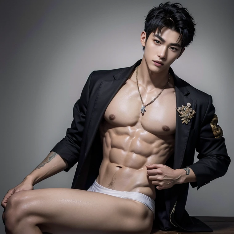 Alafard man shirtless and white brief carrying a backpack, Full body shoots, muscular body, big chest and, show of the abs, detailed abs, sexy posture, super handsome, manly, inspirite by Zhang Han, Cai Xukun, Kim Do-young, Inspired by Bian Shoumin, Inspired by Xiao Yuncong, yihao ren, yanjun cheng, jinyiwei, inspired by Huang Gongwang, xintong chen, Jacket, wearing japanese loincloth,nice bare butts, Tattoo chest, tattoo hands, tattoo arms, tattoo belly, mess curly fluffy styling hair, detailed hair, cool pendent, clear studio light, night ancient chinese haven background, detailed background, fantasy Chinese themed, the best resolution, 8k, Ultra fullHD, look at the viewer, catching eyes