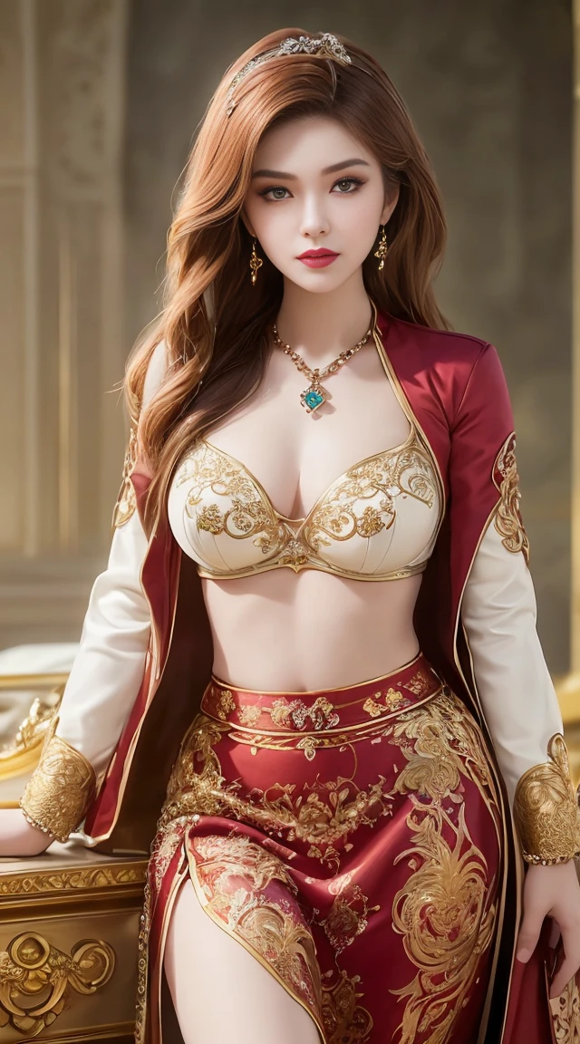 Asian beauty, 18 to 20 years old;
Her hair is bronze orange, smooth, shimmering in the sunlight;
has ivory white skin, flawless, shiny rosy complexion;
jet black eyes, sexy almond shaped eyes;
Elegant, seductive, extremely detailed and vivid eyes;
arched eyebrows;
her face is absolutely beautiful, as beautiful as a fairy;
pretty, lovely nose;
prominent cheekbones;
beautiful, pure face;
seductive lips, plum lipstick, radiant smile;
plump breasts, deep, firm cleavage, well-fitting bra;
plump, attractive body;
wearing ruby pendants and ruby earrings;
hang a red linen blazer, low-cut white silk straps, wear a checkered khaki skirt, the embroidery is clear and luxurious;
high-end women's fashion style, modern fashion 2024, luxury;
8K quality photos, professional, detailed, vibrant colors, luxurious lighting, sparkling sunlight;
The background has a neon advertisement, displaying the words "Quynh Nhi".