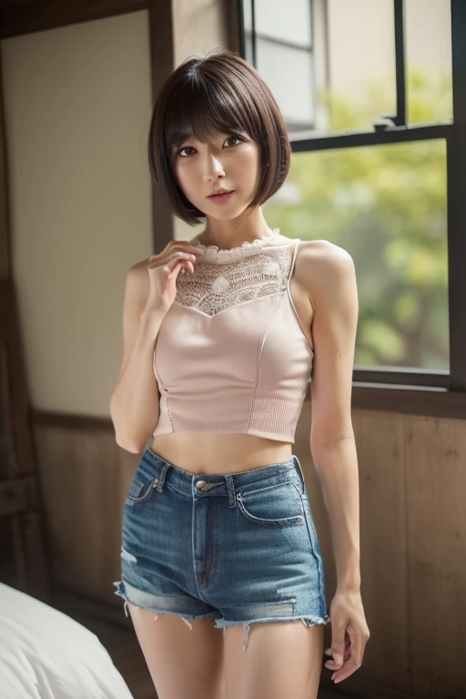 ((Top Quality, 8k, Masterpiece: 1.4)), japanese woman, ((blush, very short bob cut, skinny:1.2)), ((30 years old:1,2)), ((looking at viewer:1.4)),bra, full body
