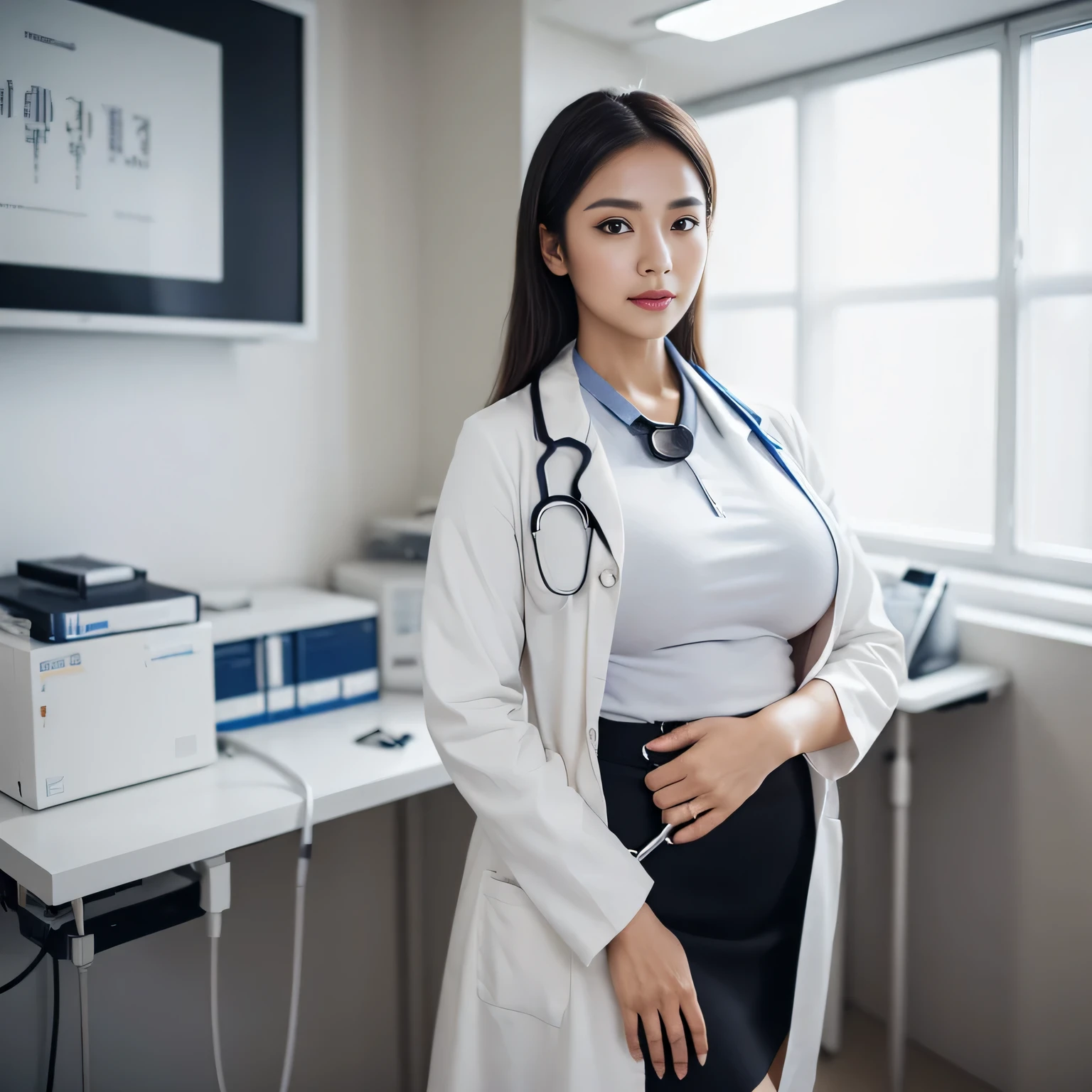 (56 Years Old), (Photorealistic beautiful Indonesian Mature woman), doctor、stunningly beautiful、doctors white coat, Collared shirt、(top-quality、8K、32K、masterpiece、nffsw:1.3)、超A high resolution,(Photorealsitic:1.4),Raw photography, Detailed face, (Curvy Body), (Beautiful hijab woman), ((Doctor Style)), , Black tight skirt、 Natural makeup,, (large full breasts : 1.4)、high heels, inside hospital, Detailed background, Perfect Lighting, depth of fields, Beautiful shadow gradient,stethoscope. Full body, one pose from front looking camera. One pose from behind