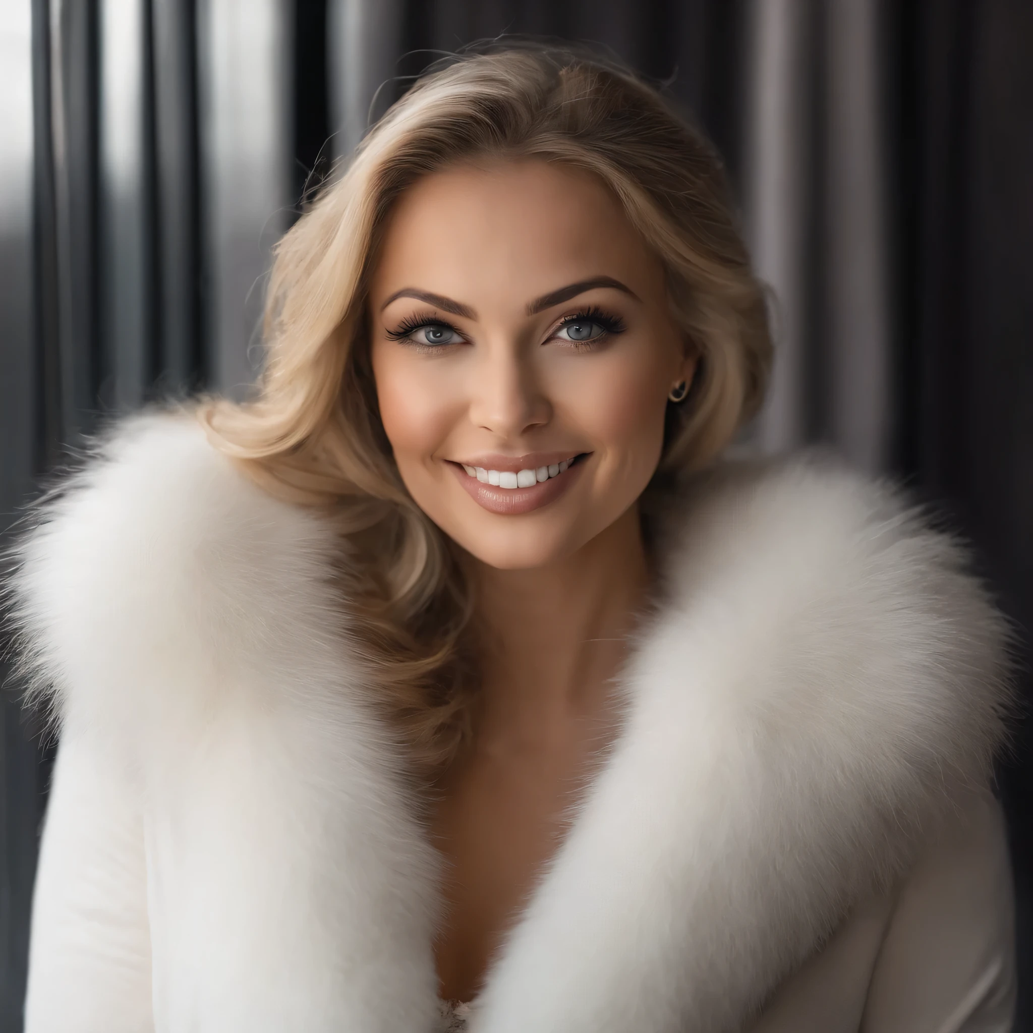 femme 42 ans, MILF , Fille sexy aux yeux bleus, ultra realistic, Meticulously detailed, Portrait de Sophie Mudd, cheveux blonds et grands yeux, selfie d'une jeune femme, Yeux de chambre, Violette Myers, sans maquillage, Maquillage naturel, regarder directement la caméra, mec avec artgram, maquillage subtil, covered in a voluminous white mink fur coat, Superbe photo de tout le corps, Nature, sunlight, souriant, buste sexy de grande taille
