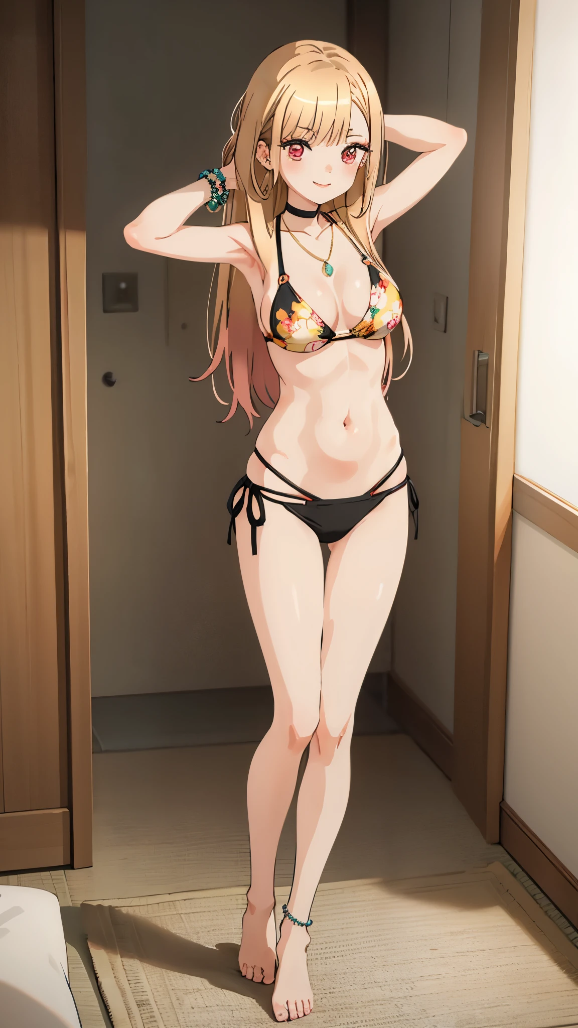 Kitagawa, earrings, ear piercing, there is a woman posing on a white base with only her ass and back showing, 1girl, kitagawa marin, swimsuit, bikini, floral print, breasts, black bikini, solo, blonde hair, jewelry, print bikini, red eyes, side-tie bikini bottom, choker, black choker, navel, bracelet, full body, multi-strapped bikini, necklace, long hair, smile, white background, bead bracelet, arms behind head, barefoot, arms up, string bikini, colored tips, piercing, looking at viewer
