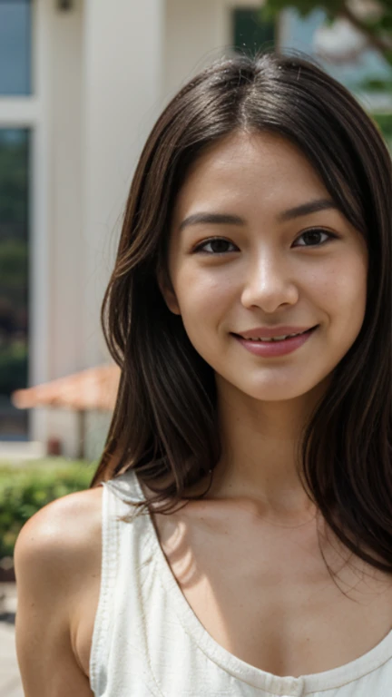 (whole body), ((best quality, 8k, Unreal Engine, masterpiece:1.3)), surreal style, (image, photo), (Imada Mio:1.0), (Yoshihide:0.5), 日本年輕女性Haruka的photo, 27 years old, fair face, Very , Black long hair, White skin, light frow, (Wearing a cute top, Casual Clothing, Dress casually), Wearing a white vest, Wear tight, simple clothing, 穿着Casual Clothing, Double eyelids, sitting on the wall with a Smile, Hot sun, looking at the audience, Sky view, Very细致的光泽眼睛, Highly detailed skin, skin pores, fair, Super delicate face, Refined details of face and skin texture, organic, Stunning beauty, soft and Smooth body, Smile, Diffuse lighting, Gorgeous, Smooth
