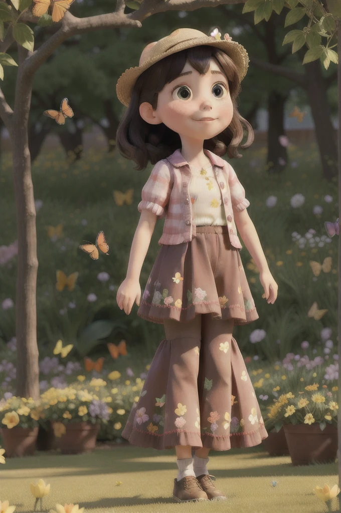beautiful spring afternoon, a girl playing among flowers and butterflies
