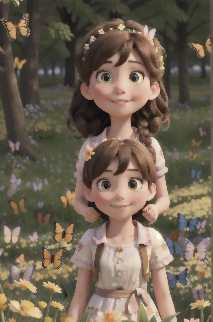beautiful spring afternoon, a girl playing among flowers and butterflies
