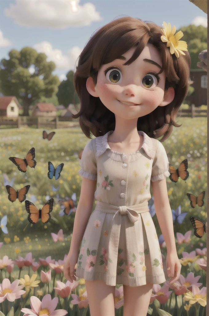 beautiful spring afternoon, a girl playing among flowers and butterflies