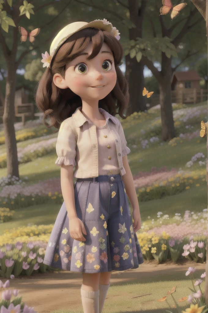beautiful spring afternoon, a girl playing among flowers and butterflies