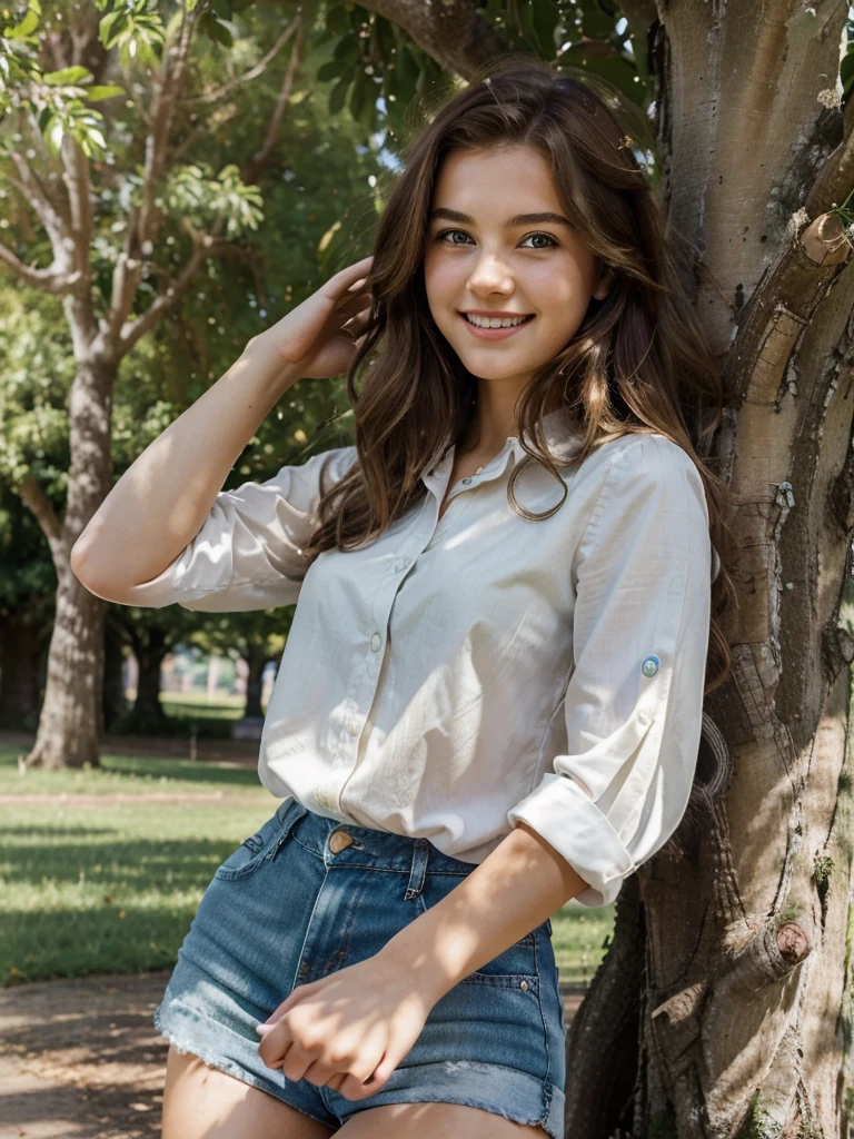 masterpiece, best quality, ultra-detailed), portrait of an 18-year-old woman with light brown hair, curled green eyes, beige blouse and blue jeans smiling blue shorts sung from under a tree (leaning against the tree) and reading a brown book -auto utra realistic --  