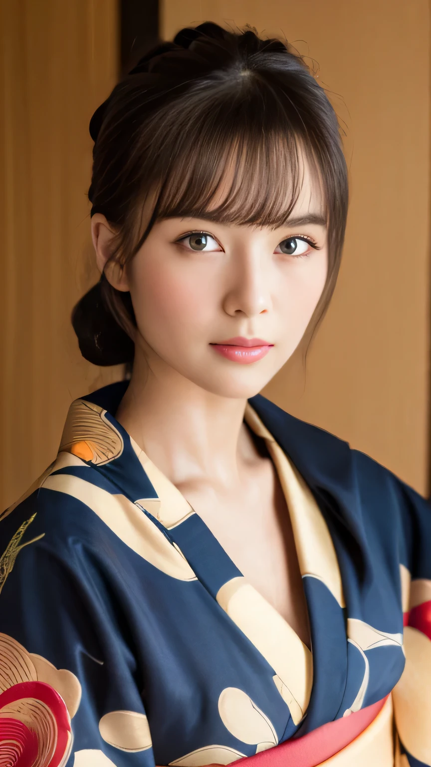 ((highest quality, 8k, masterpiece: 1.3)), Sharp focus: 1.2, Beautiful woman with perfect figure: 1.4, (kimono), Highly detailed face and skin texture, Beautiful Eyes, (lips), Dark brown hair, Cowboy Shot,Red kimono