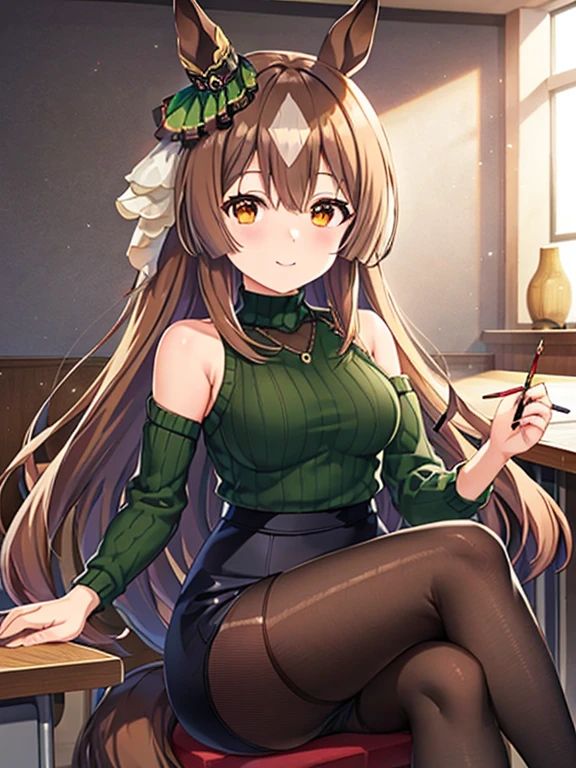 Satono Diamond\(umamusume\), highest quality、masterpiece、Ultra-high resolution、、Anime 2D Rendering, Realistic young anime woman, Beautiful body, Beautiful thighs, Beautiful feet, White beautiful skin、 ((A sheer mesh long sleeve top over a green sleeveless V-neck sweater:1.4)、(black mini pencil skirt:1.4)、Black Pantyhose、(Black High Heels))、 smile、Face towards the viewer、(whole body、Sit at a desk、Crossing your legs)