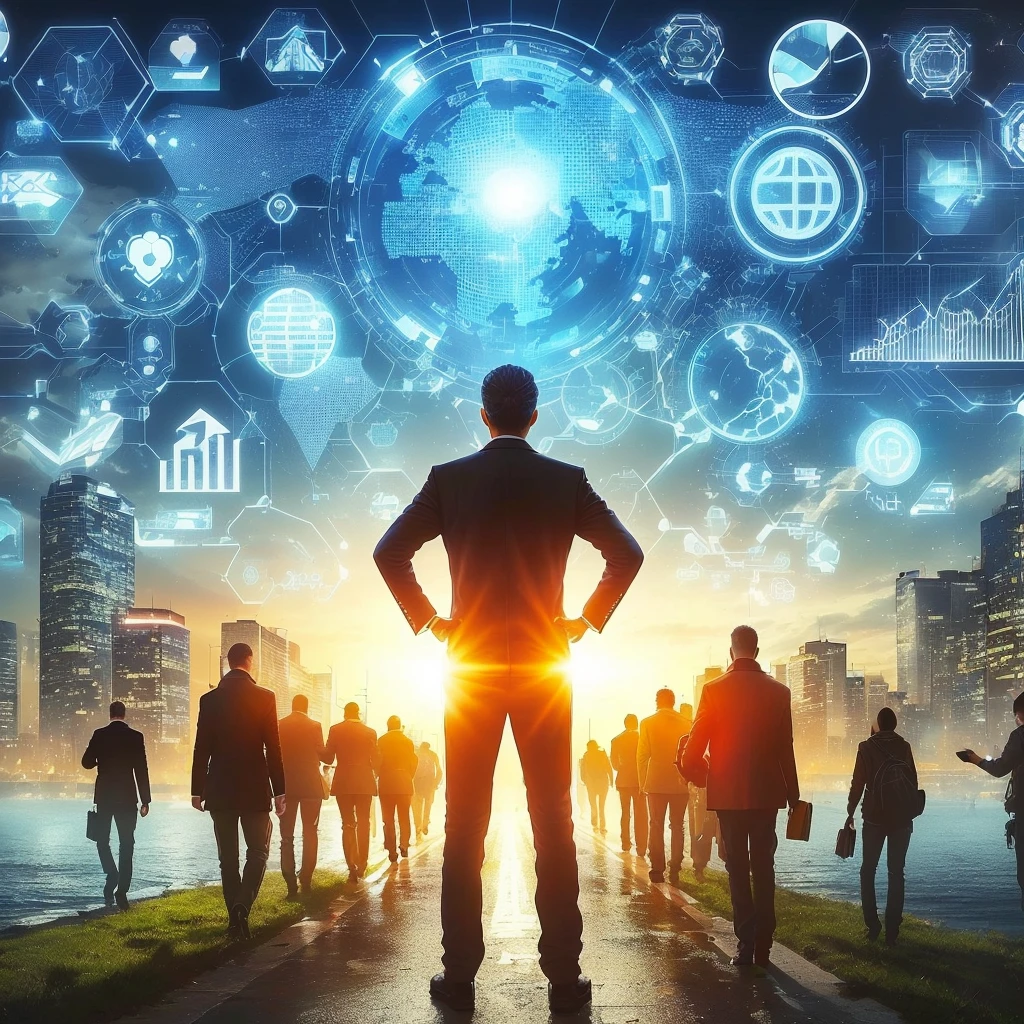 um homem parado na frente de um grupo de pessoas com uma cidade ao fundo, foreseeing O futuro, by Judith Gutierrez, mais fundo no metaverso vamos, por Robert Gavin, O futuro, por Kurt Roesch, in O futuro, perspicaz, tecnologia do futuro, o metaverso criptografado, por Elias Ravanetti, centralizado, infinite collaboration with AI