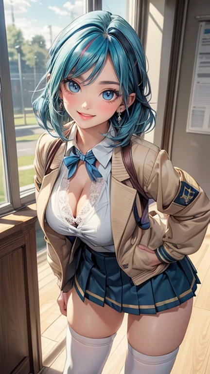 (masterpiece:1.5), (big breasts), 1 girl, young woman, (Beautiful Girl:1.5), (extremely detailed and delicate anime face and eyes:1.5), whole body, (natural light, HDR, extremely details CG:1.3), (dynamic posture:1.3), {correct body anatomy}, (wide hips:1.4), (perfect hands:1.3), single focus, toned body, Beautiful Lips, thick lips, {surreal}, {correct posture}, {minutes details}, {detailed body}, {detailed clothing}, {Bright Eyes}, (cleavage: 1.3), {accessories}, {sexy}, {solo}, (school uniform: 1.5), high school student outfit, (school jacket: 1.5), long sleeves jacket, short skirt, (pleated short skirt: 1.3), (white legwear: 1.3), blouse, ribbon tie, lace collar with tie, pointe shoes, earrings, necklace, hair bow, hairclip, (light smile: 1.3), (medium hair: 1.3), (two-tone hair: 1.5), (blue hair: 1.5), (yellot hair: 1.3), (hair loop: 1.3), (green eyes: 1.3),