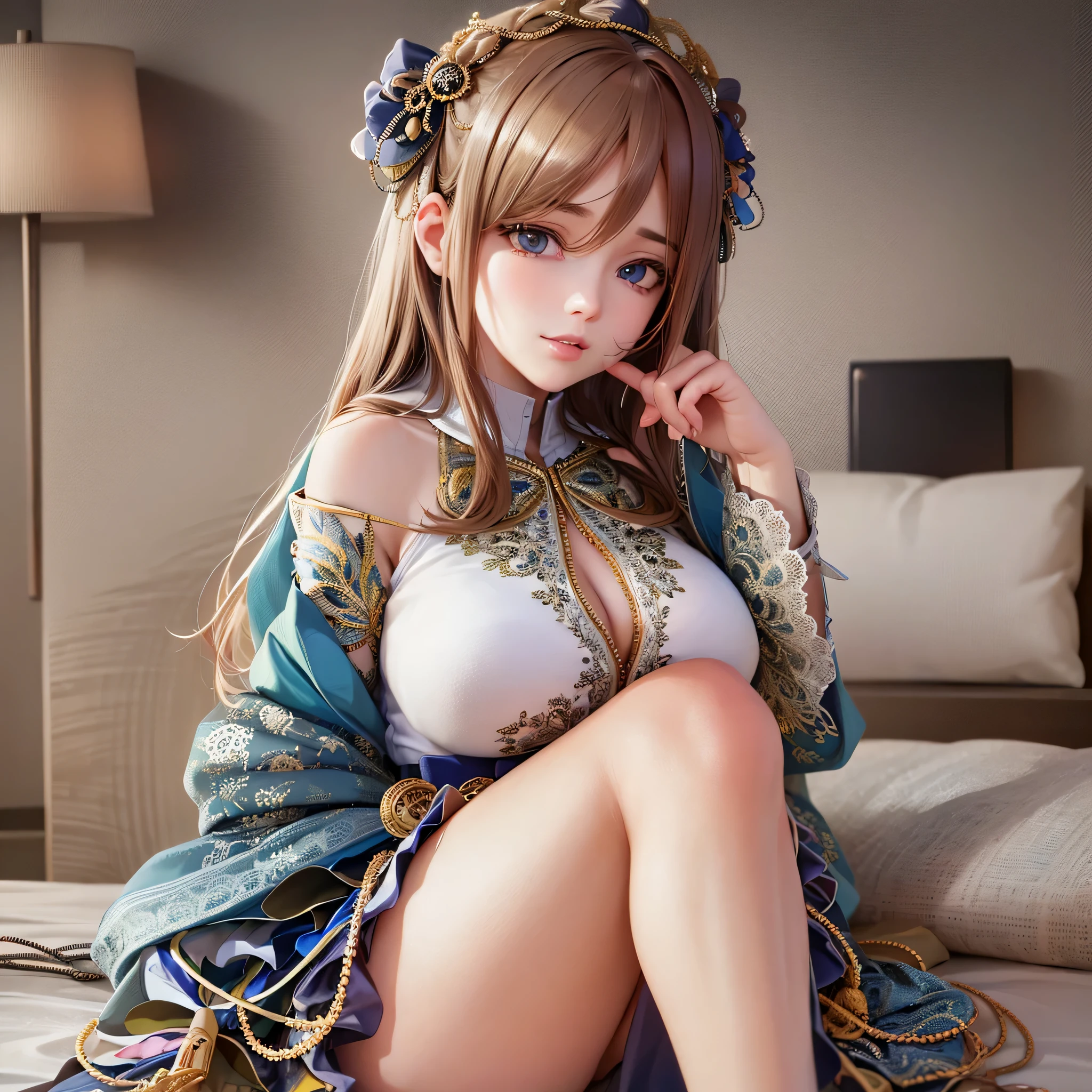 (best quality:1.2,masterpiece:1.2),solely,1girl,serious,beautiful detailed eyes,beautiful detailed lips,extremely detailed eyes and face,long eyelashes,Miku Nakano,looking at the viewer,hand on face,sitting,crossed legs,button-up shirt,tied-up skirt,stockings,thick thighs,big breasts,illustration,ultra-detailed,realistic:1.37,professional,portrait,vivid colors,soft lighting