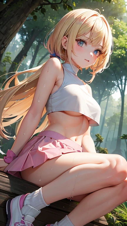 1girl, cute, , slender, round face shape with angular jaw, blonde with bangs, grey eyes, shoulderless crop top, underboob, sideboob, picking wet pink colorful mushrooms in a celestial forest, sunshine, stripe socks, pink skirt, hhorny touch, windy