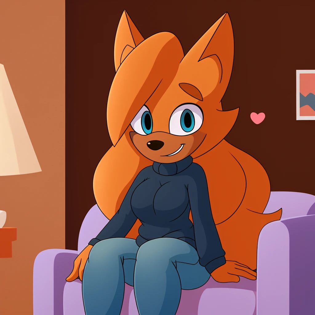 score_9, score_8_up, 1girl, solo, Whisper the wolf, blue eyes, blushing, sitting, living room, sweater, jeans, smile, closed mouth, cute, hearts, looking at viewer, lineless style, 2D