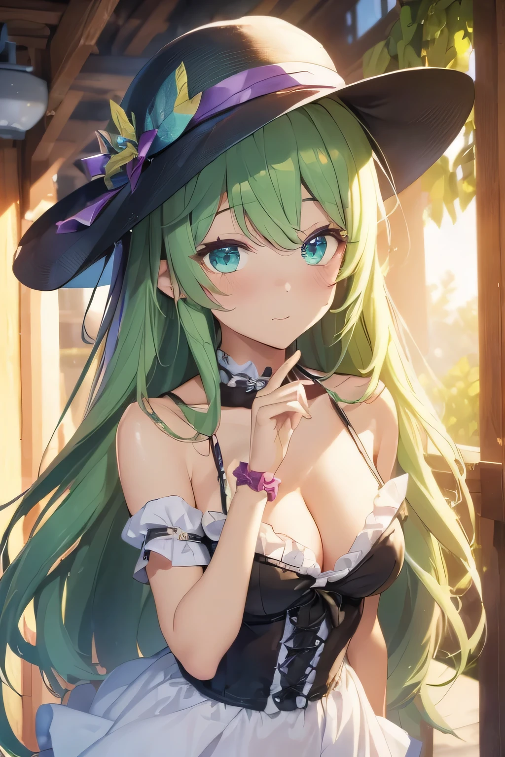 (One girl、Dressed in a dress and hat, girls' frontline, Midsummer themed costumes, multilayered outfit,Dressed, Mid summer、Soio、Top image quality, Transverse conveying,Half-length picture,largeeyes,eye closeup,(with short golden hair),(Green eyes),hair scrunchie,small thighest qualtiy, (stocklings,Elaborate Eyes, head looking up,Reasonable body structure,Young,Extremely detailed face, Perfect lighting, Extremely detailed CG, (Perfect hands, Perfect anatomy)