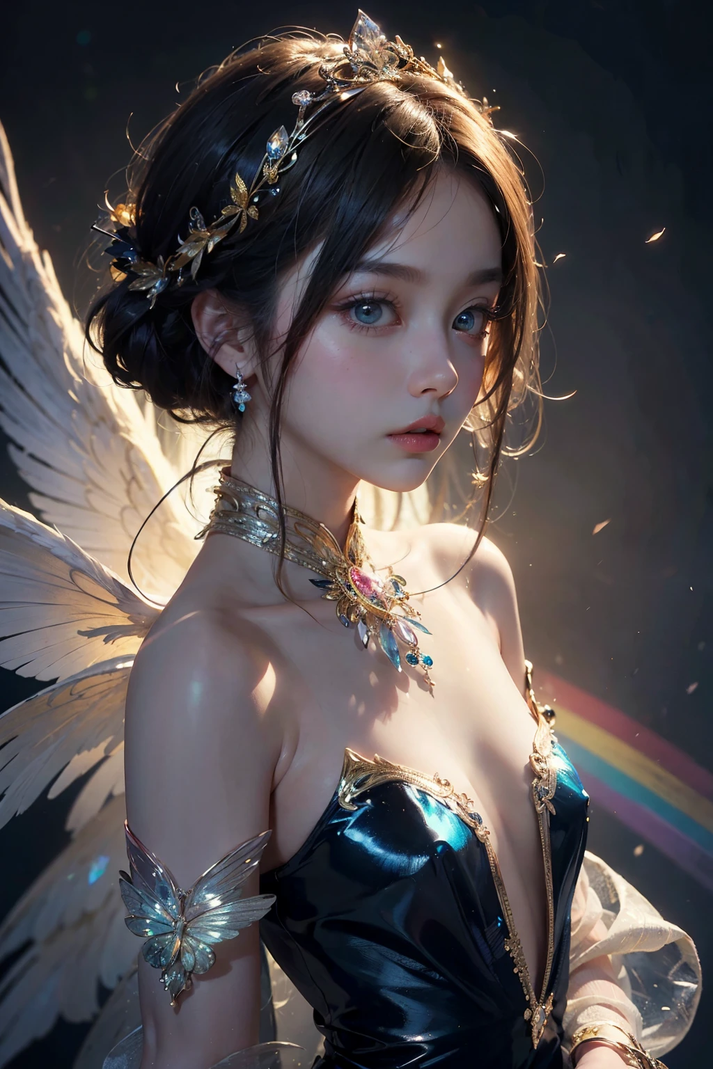 (((masterpiece))), (((best quality))), ((ultra-detailed)), ((an extremely delicate and beautiful)),cinematic light, Create a stunning fantasy artwork that mimics the style of currently trending masters of the genre. The art piece should contain elements of both mythic fantasy and fairytale fantasy with dreamy rainbow accents. ((Utilize the rainbow as the main color scheme.)) The character in the artwork is a delicate but strong figure with an aura of mystery and magic and (beautiful translucent rainbow wings). Pay close attention to intricate facial features, such as mesmerizing eyes with vibrant colors and bold shading,The character's clothing should be designed with gossamer feathers, silk, stunning embroidery, dreamy colors, dynamic lighting, and detailed background elements to create a sense of awe and immersion. Include colorful flying magical birds and jewel-toned rainbow butterflies radiating a magical aura. Consider the latest trends in fantasy art, such as incorporating unique lighting effects, exploring dynamic and compelling composition techniques, and experimenting with unique color palettes. Take inspiration from the top artists on ArtStation and Midjourney. Camera: Choose an angle that highlights the character's beauty and enhances the magical majesty of the artwork. Lighting: Utilize atmospheric lighting techniques to create depth and mood. Resolution: Aim for a high-resolution artwork to showcase intricate details and clarity. Art Inspirations: Seek inspiration from the trending artists on ArtStation, exploring different styles, genres, and themes.,The main girl is super beautiful,Are thin,Slim figure,Small Bust,Beautiful long and slender eyes,Korean Beautiful Girl,Genius Ballerina,Angel's messenger beautiful girl,Slim figure,The best ballerina expression,Eyes that stare intently at the other person,A transparent costume made of vinyl that reveals the flesh,Korean Beautiful Girl,The background is a sunrise or sunset on Earth,Beautiful Eyes,