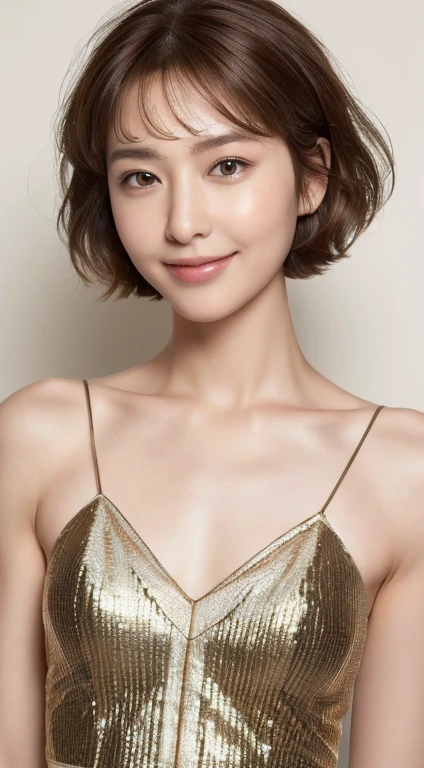 ((highest quality, 8k, masterpiece: 1.3)), 1 girl, The beauty of slim abs: 1.3, (Hairstyle Brown Hair Short Cut, big: 1.2), dress: 1.1, Super slender face, Delicate eyes, double eyelid, smile, Home, RAW Photos