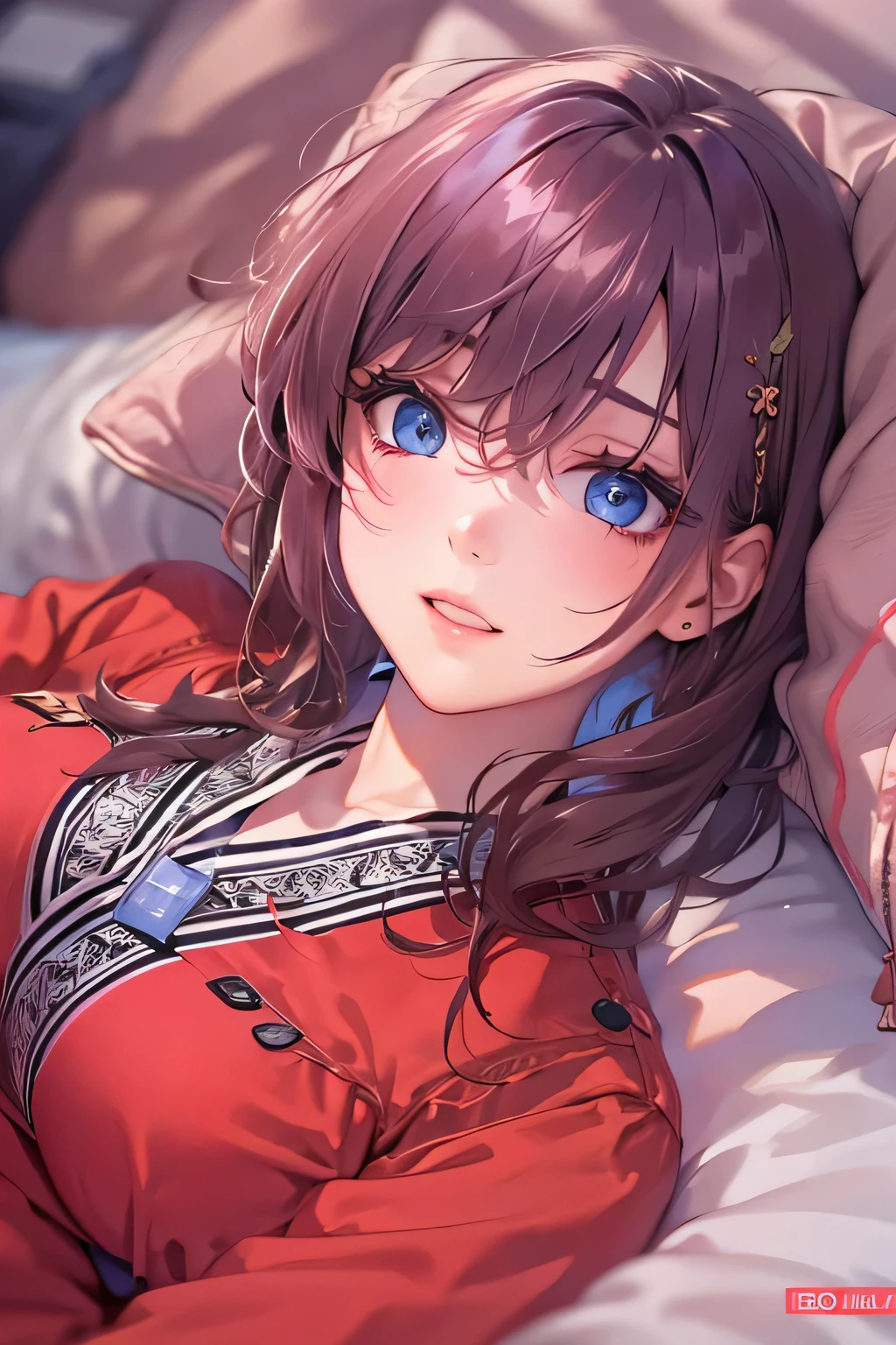 sax brook person, sax brook, (masterpiece:1.2), (highest quality:1.2), Perfect Eyes, Perfect Face, 1 girl, alone, Dark blue eyes, (Medium chest), Firm breasts, red pj, Lying in bed, Attractive look, Place your hands behind your head, Side view