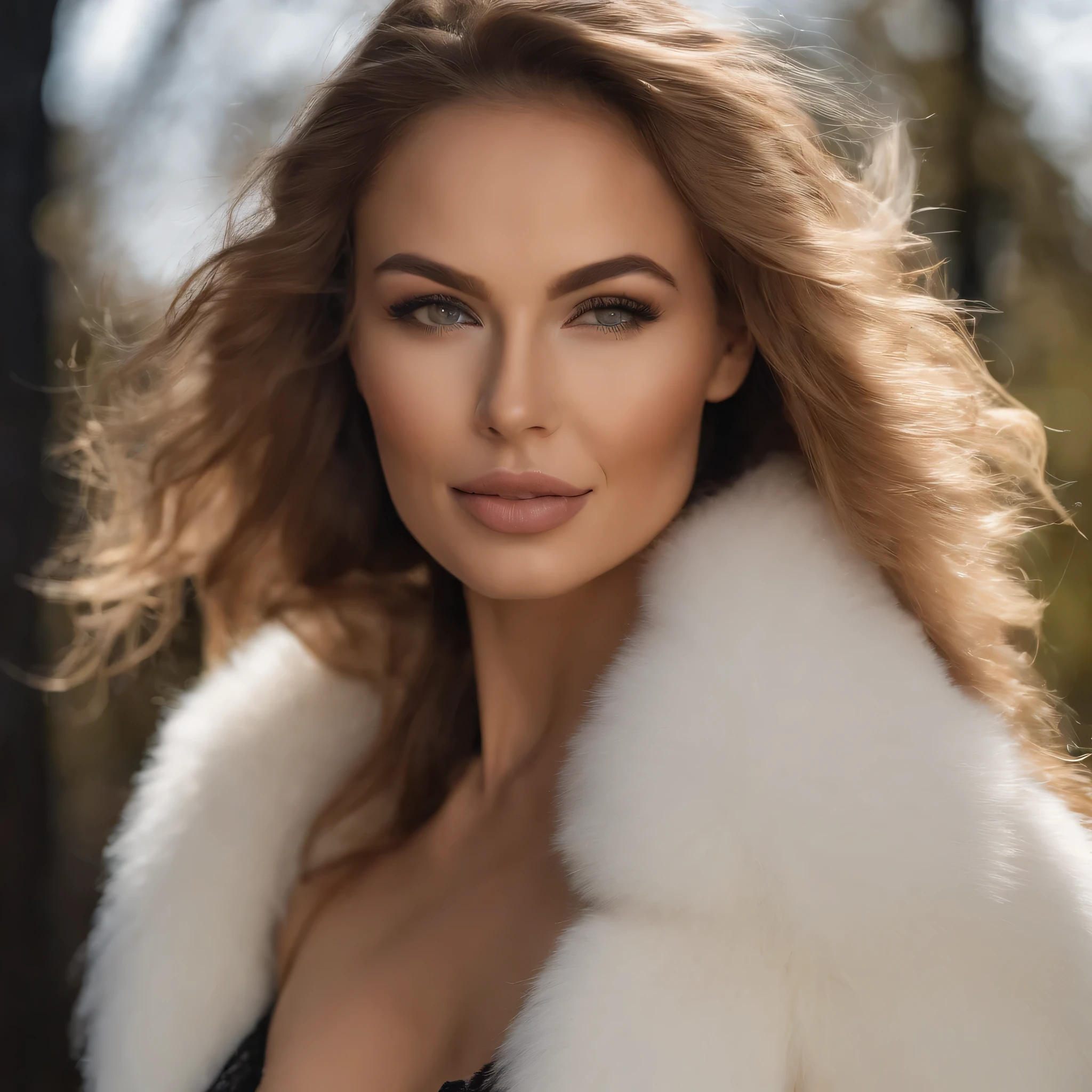 femme 42 ans, MILF , Fille sexy aux yeux bleus, ultra realistic, Meticulously detailed, Portrait de Sophie Mudd, cheveux blonds et grands yeux, selfie d'une jeune femme, Yeux de chambre, Violette Myers, sans maquillage, Maquillage naturel, regarder directement la caméra, mec avec artgram, maquillage subtil, eveloped with a very voluminous white mink fur coat with very thick white fluffy fur collar,bare shoulders up to half the breasts , Superbe photo de tout le corps, Nature, sunlight, souriant, buste sexy de grande taille