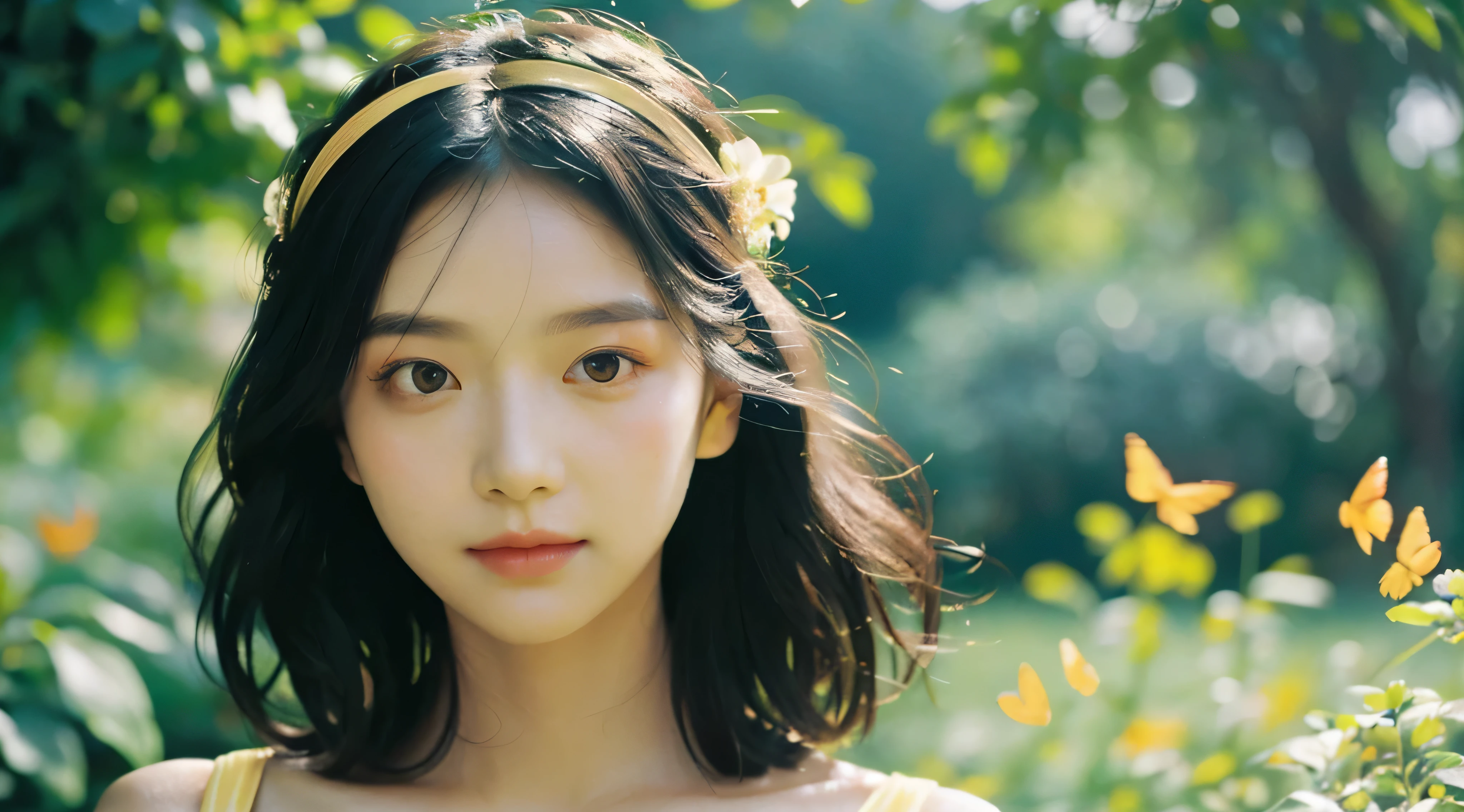 1girl, flowing sundress, floral headpiece, delicate makeup, (luminous eyes, smooth skin texture, gentle facial expression), golden hour lighting, serene garden setting, butterflies or flower petals, depth of field, warm color palette, whimsical atmosphere, high-resolution, soft focus.
portrait photography, 35mm film, natural blurry, filmg,