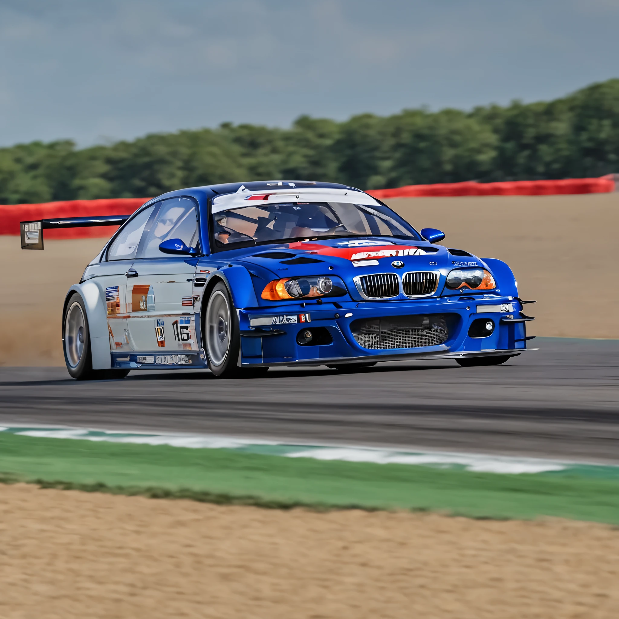 BMW M3 GTR E46, in motion, driving, racing, race track, cinematic lighting, award winning, masterpiece, (best quality:1.3), super detail, 4k, UHD, HDR