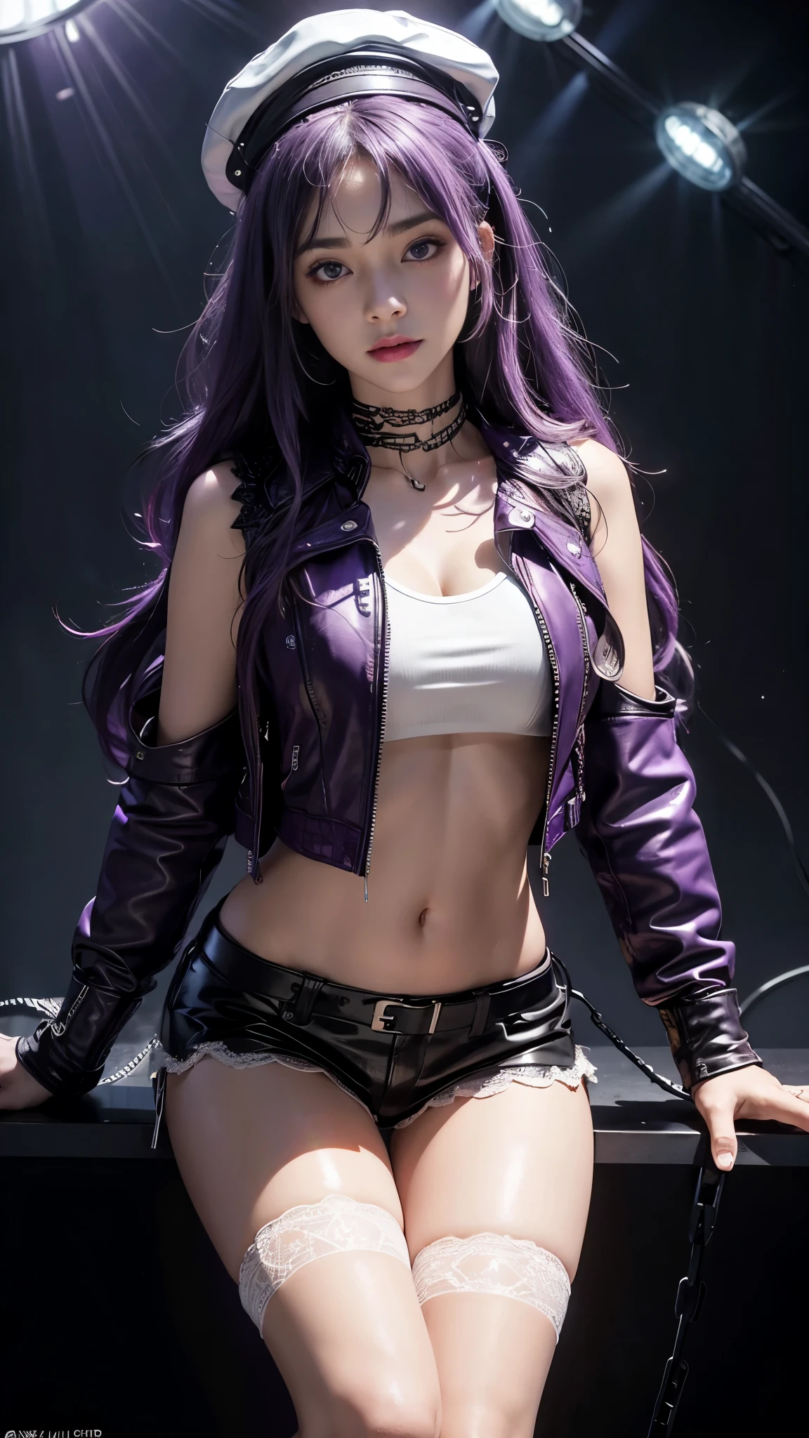 8K, ultra hd, masterpiece, hd colors, 1 girl, perfect face, very long curly hair, detailed eyes, ((purple leather jacket)), ((white vest)) rockstar hat, stocking, ((strip lace)), ((chain)), stars, bare navel, jwellery, Realistic club, lighting stage, (spot light:1.5), night club, decorated stage, bulbs, (glowing light:1.5), bloom lighting, foggy effect, front body pose,