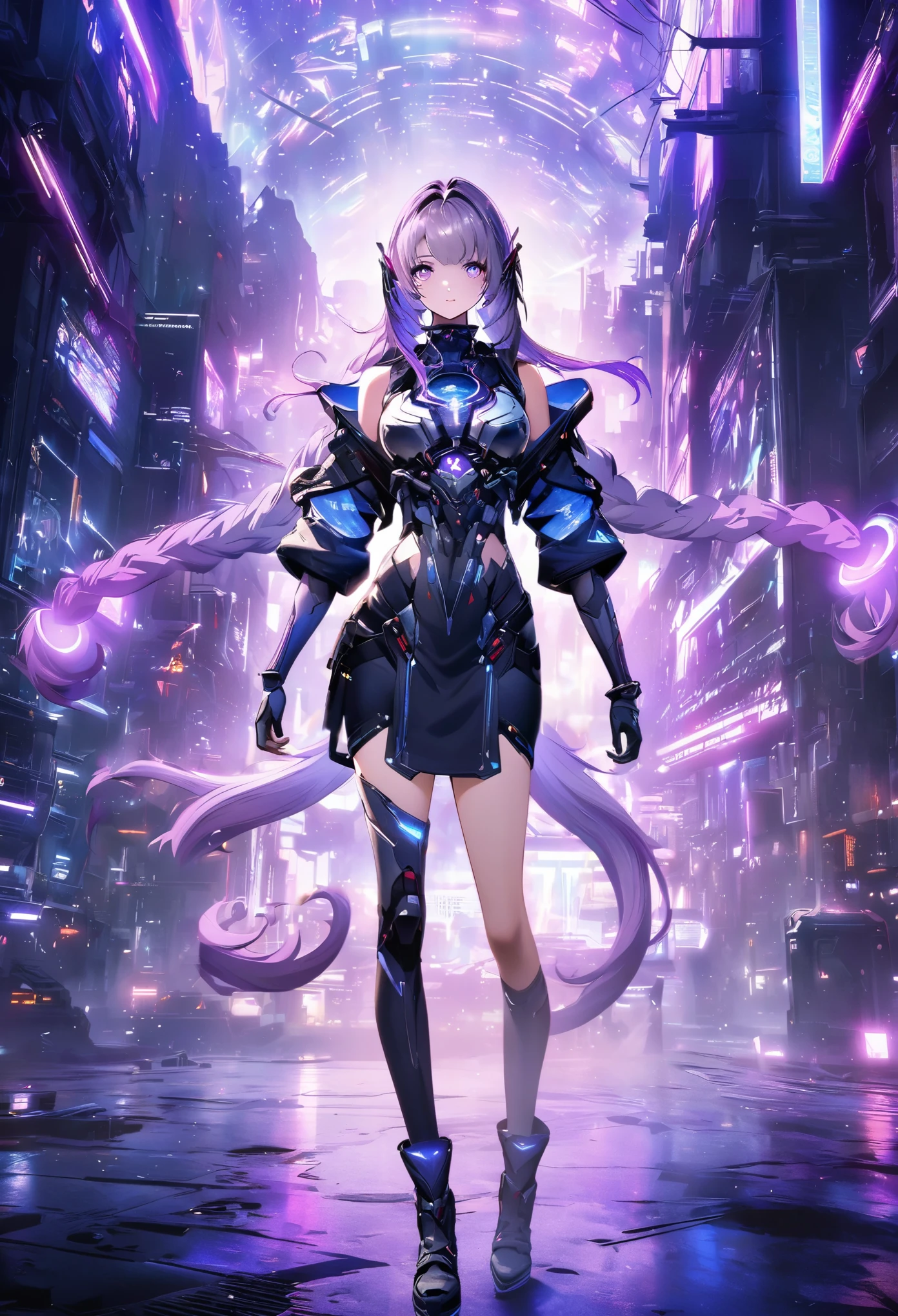 A girl，Gradient purple hair，Double tail，Purple pupils，Blue-purple hue，The background is a blue science fiction scene，Neon，FF15 style, Perfect robot girl，Atmospheric lighting effect，Game cg style，Fine texture