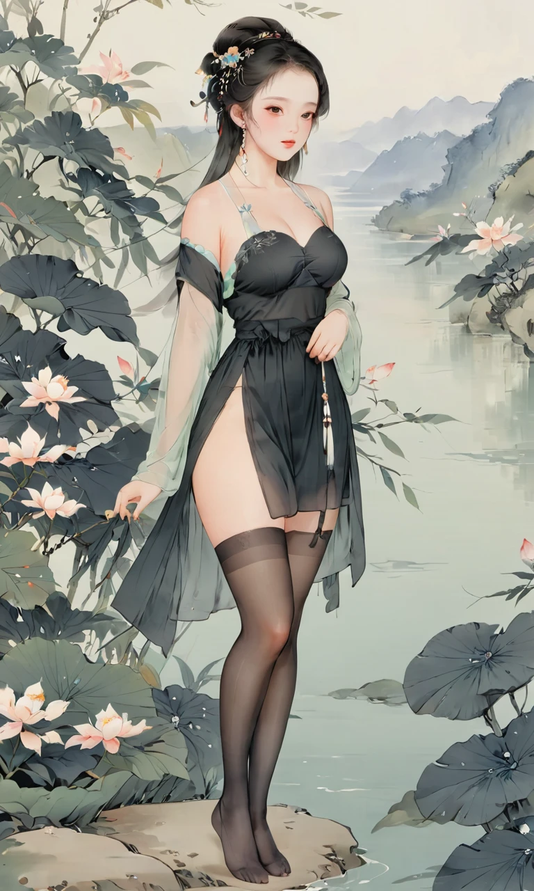 8k, masterpiece, best quality, two-dimensional, (Chinese traditional ink painting:0.2) 1girl, (perfect hands:1.4), (seethrough black pantyhose:1.4)，Wearing seethrough thin hanfu miniskirt，The black pantyhose on the legs are exposed，huge breasts, (huge ass, big thick thighs:1.8), River in the background，koyama，bamboos, flowers on the background,