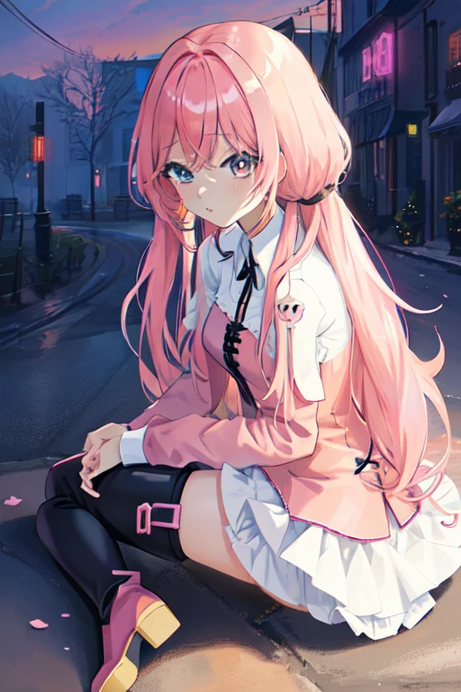 Anime Girl with pink hair and black boots sitting on the ground, Animation drawn by Yuumei, PIXIV, Gothic art, cute Anime Girl, Anime cute art style, (Anime Girl), Anime Girl, an Anime Girl, Anime visuals of cute girls, 1 7 year old anime goth girl, guweiz, cute anime style, Lovely art style