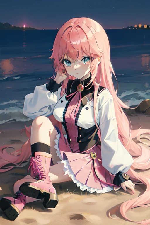 Anime Girl with pink hair and black boots sitting on the ground, cute Anime Girl, Anime cute art style, (Anime Girl), Anime Girl, an Anime Girl, Anime visuals of cute girls, 1 7 year old anime goth girl, guweiz, cute anime style, Lovely art style, Artwork in the style of Guweiz, pretty Anime Girl