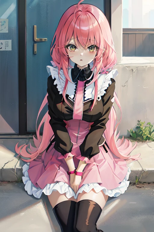 Anime Girl with pink hair and black boots sitting on the ground, cute Anime Girl, Anime cute art style, (Anime Girl), Anime Girl, an Anime Girl, Anime visuals of cute girls, 1 7 year old anime goth girl, guweiz, cute anime style, Lovely art style, Artwork in the style of Guweiz, pretty Anime Girl