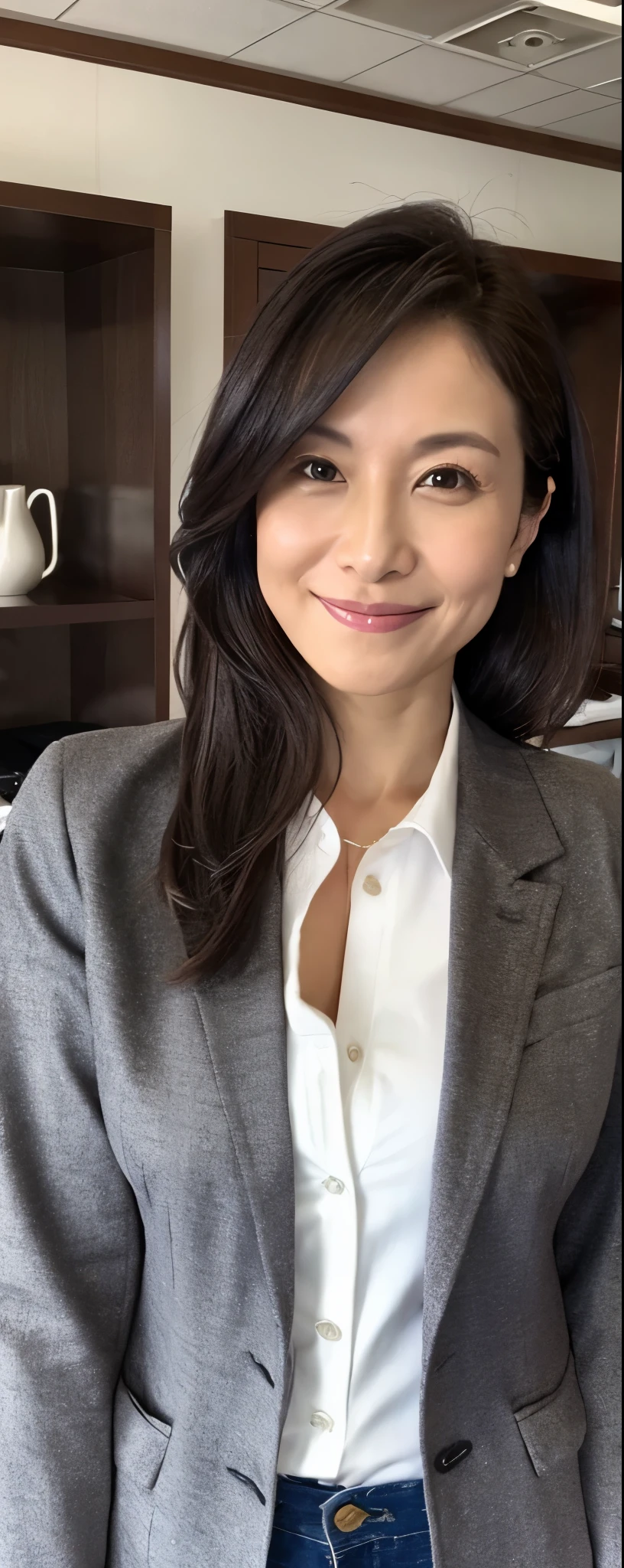 masterpiece,best quality, (milf:1), ((middle shot:1)), cross arms, glare, gray blazer, white shirt, (smile:1), ((close mouth:1)), ((Looking at Viewer)),