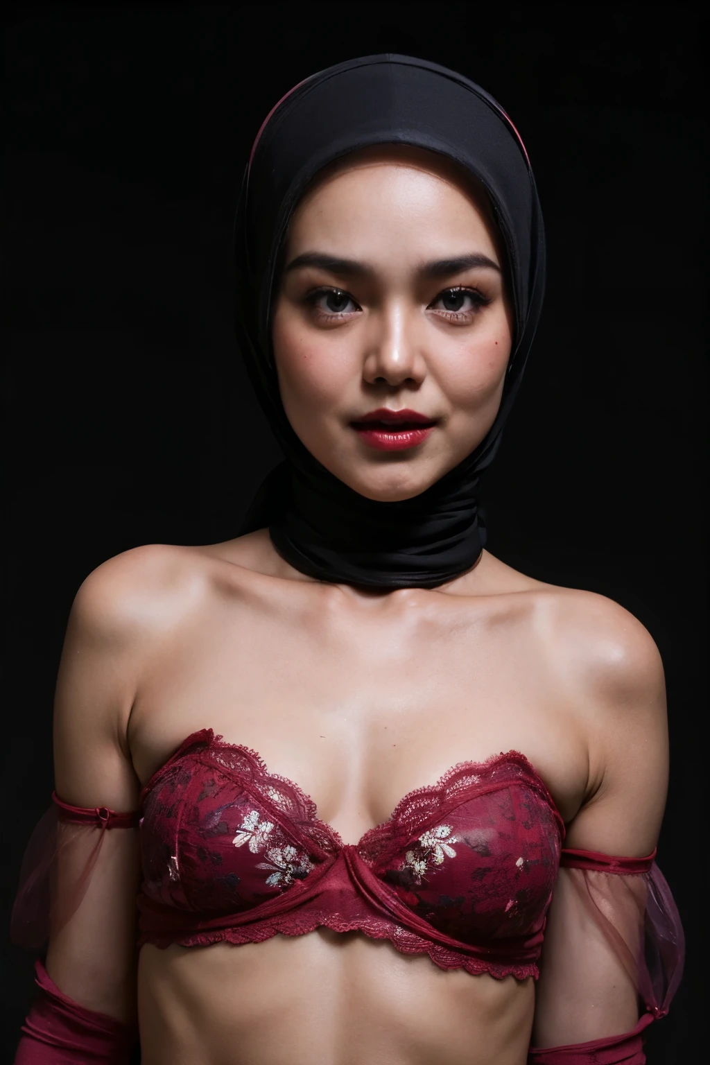 ((FLAT CHEST:1.8)), ((Lace)), (Happy smile), (((HIJAB MALAY GIRL))), masutepiece, High quality, UHD 32K, Realistic face, Realistic skin feeling , A Japanese Lady, 58 years old matured lady, , Very cute and baby-like face, (((FLAT CHEST))), (Night time at forest), ((look In front at the camera and SADNESS)), (((CUTE GIRL))), ((DARK RED FLUORESCENT LIPS)), ((Floral Pattern)) little wearing strapless bra, strapless colorful bra, dark night background , black forest night, horror scary place, (from behind up) seductive pose