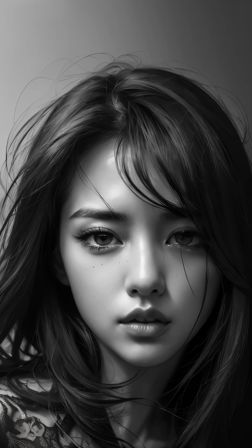 masterpiece, Best Quality, Illustration, Ultra-detailed, finely detail, high resolution, 8K Wallpaper, Perfect dynamic composition, Beautiful detailed eyes , Sexy face, Face feeling ???????, Face at the peak of sexual arousal, looking at viewer, ((Dark background)), in the style of Mark Demsteader，