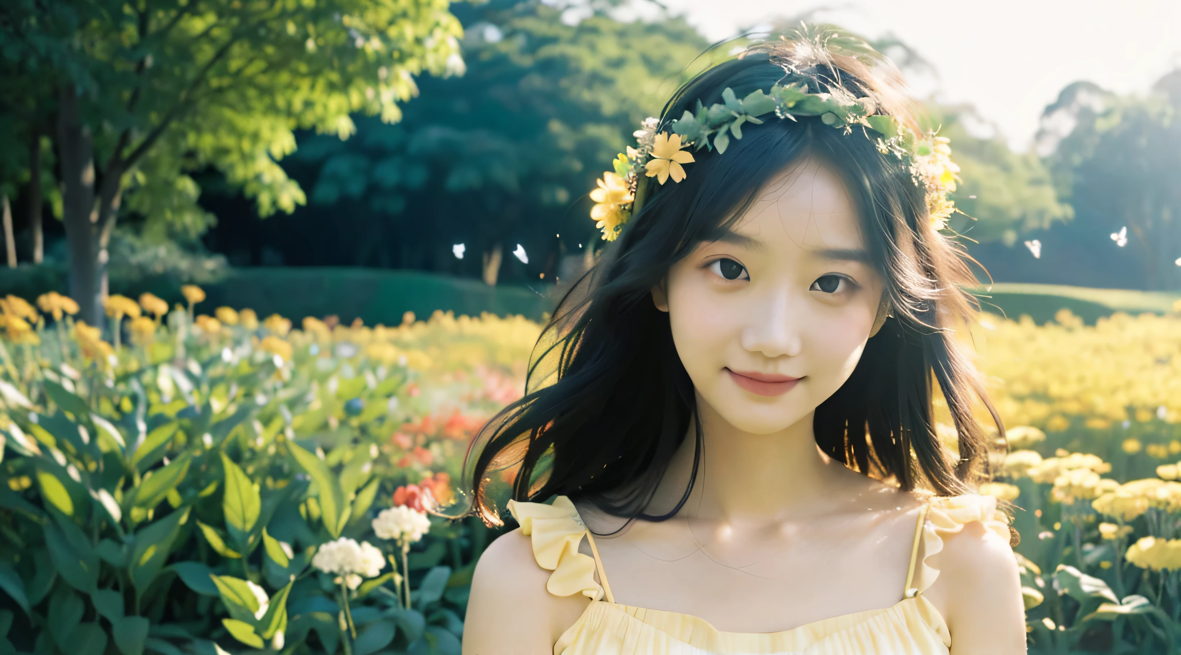 1girl, flowing sundress, floral headpiece, delicate makeup, (luminous eyes, smooth skin texture, gentle facial expression), golden hour lighting, serene garden setting, butterflies or flower petals, depth of field, warm color palette, whimsical atmosphere, high-resolution, soft focus.
portrait photography, 35mm film, natural blurry, filmg,