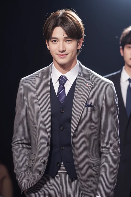 Brown striped suit、　30-year-old handsome employee、Hair is neat.It is not advisable to cut the beard short.No beard.　（Super handsome S-class suit man）、　Japanese male, 30 years old、　merchant、　Super Deluxe Set、　office、　Stand up in a suitＳYoung handsome man、　Full body image、　（CG Unity 8K High Detail Photo）、　（a very detailedＳThe most handsome boy in the class）、　（Photos are real）、　　（（top quality））、　Ultra Detailed、　（masterpiece）、　Ultra-high quality、　High、　audience、　gentleman、　Very beautiful hair、　short hair、　Bright photos、　Handsome as a model、　Handsome as an idol、　luxury watch、　Eyes balanced looking at the audience with a slight smile