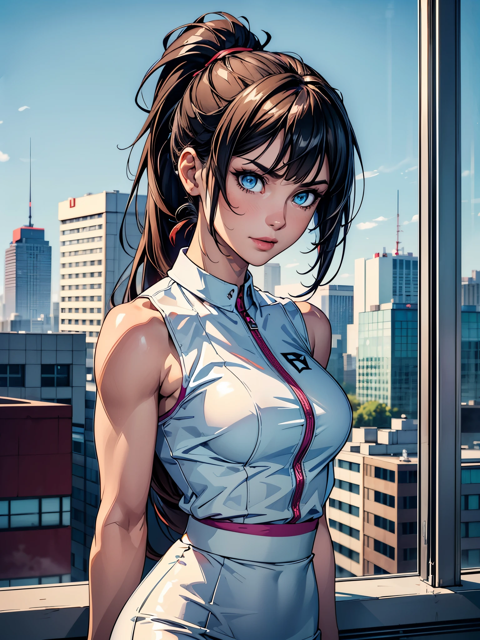 (detailed CG illustration, high quality, masterpiece) Beautiful ,mature, cool, edgy, muscular and sexy, (female office cowworker), vibrant and dynamic pose, beautiful facial features, (ponytail hair+ bangs + blue eyes :1.3), wearing a sleeveless white shirt, (tight pencil skirt:1.2), standing on the office rooftop confident and alluring expression.
