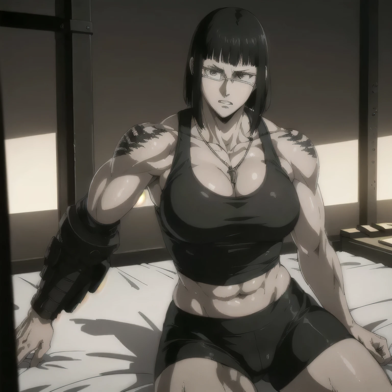 (best quality,ultra-detailed,realistic:1.37),musclaur badass girl with sculpted body with preview her musclaur body and six-pack, full review of the female character's face and body, intense expression, strong and confident posture, studio lighting, vivid colors, physiologically-based rendering, grungy texture, rugged background, dust particles in the air, commanding presence, professional, powerful, gritty aesthetics,,Valmet،short hair,necklace,Light reflection on shoulders,Sweat in muscles،A devious smile،wearing military ????????? and midriff tank top, tattoos on shoulders،Fat free body,Hand veins,sitting on bed 